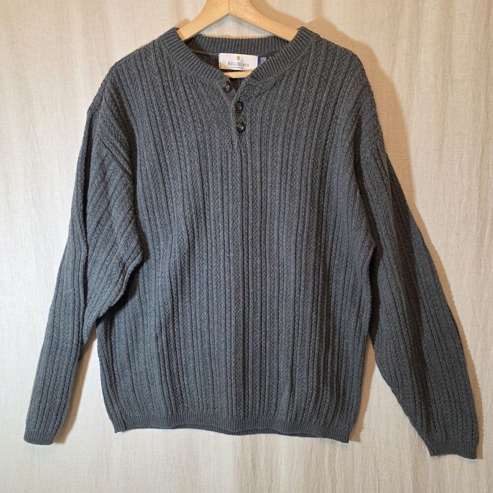 Vtg BILL BLASS Sweater Mens XL Pullover Crew Neck Chunky Hand Frame Gray USA